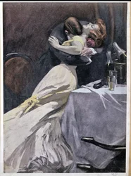 „Zniszcz to, co lubisz w swojej namiętności, z wyjątkiem mojej sukienki”, para obejmująca się po wypiciu szampana, 1909